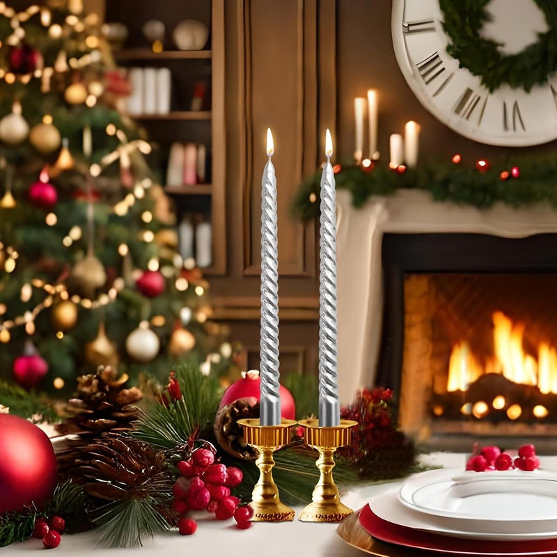 Peytanger 10 Inch Silver Spiral Taper Candles Set for Holiday Decor, 12 Pack Unscented Twisted Candlesticks, Dripelss Thin Tapered Candles for Wedding Dinner Parties Galas Award Ceremonies Religious - Image 5
